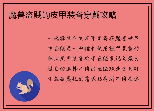 魔兽盗贼的皮甲装备穿戴攻略